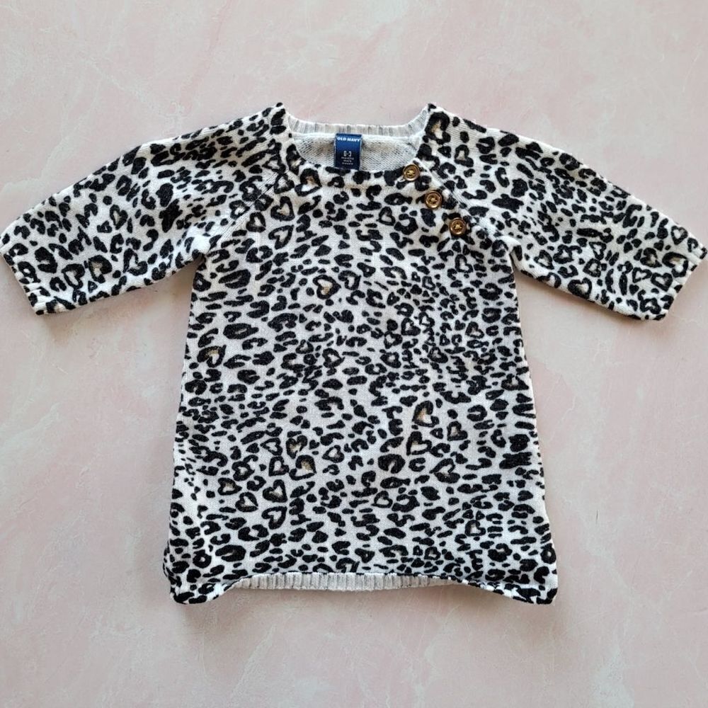 Old navy 0-3 month baby girl snow leopard cheetah sweater dress gold button diva